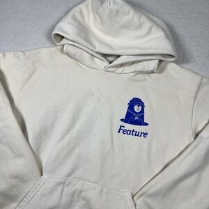 Feature Hoodie Mens Small Off White Blue GMG Graphic Pullover Made In USA